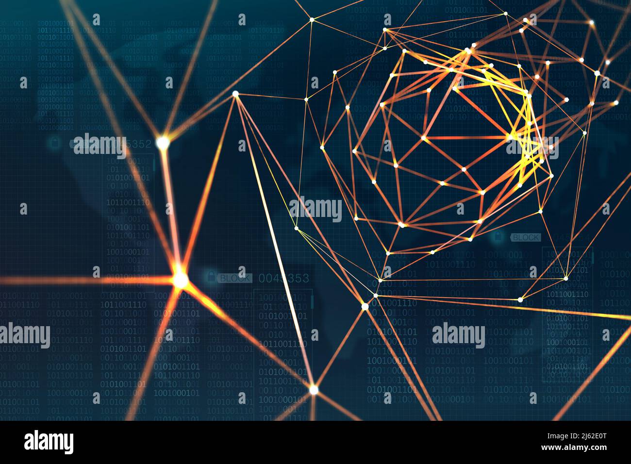 Protezione e archiviazione dei dati digitali mediante la tecnologia blockchain. Intelligenza artificiale basata su reti neurali. Rete di informazioni globali Foto Stock