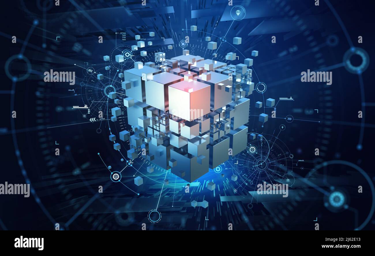 I blocchi quadrati Hi-tech vengono raccolti in una matrice cubica sullo sfondo dei campi di informazione. 3d illustrazione del concetto astratto del blockchain Foto Stock