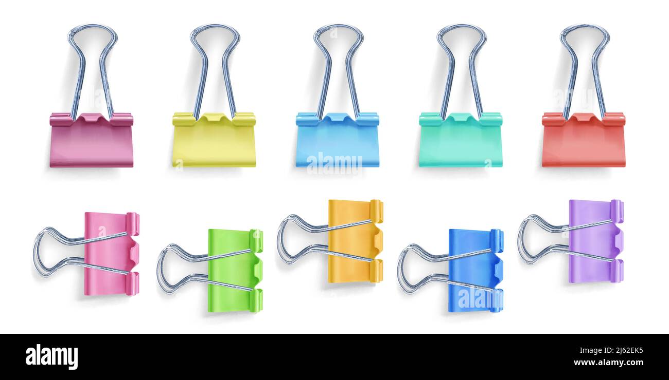 Illustrazione vettoriale con clip Binder di un foldover 3D di colori metallici realistici o clip pieghevole per fogli di carta di note isolate su sfondo bianco con Illustrazione Vettoriale