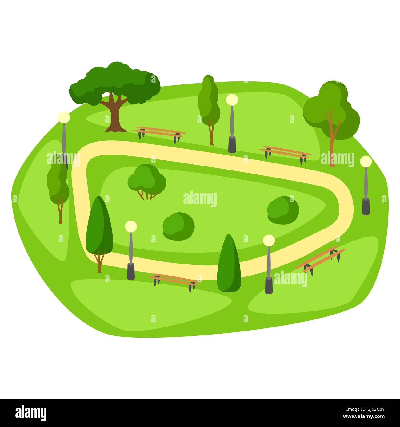 Illustrazione del bellissimo parco estivo o primaverile della città. Spazio pubblico urbano con prato e alberi per passeggiate e relax. Illustrazione Vettoriale