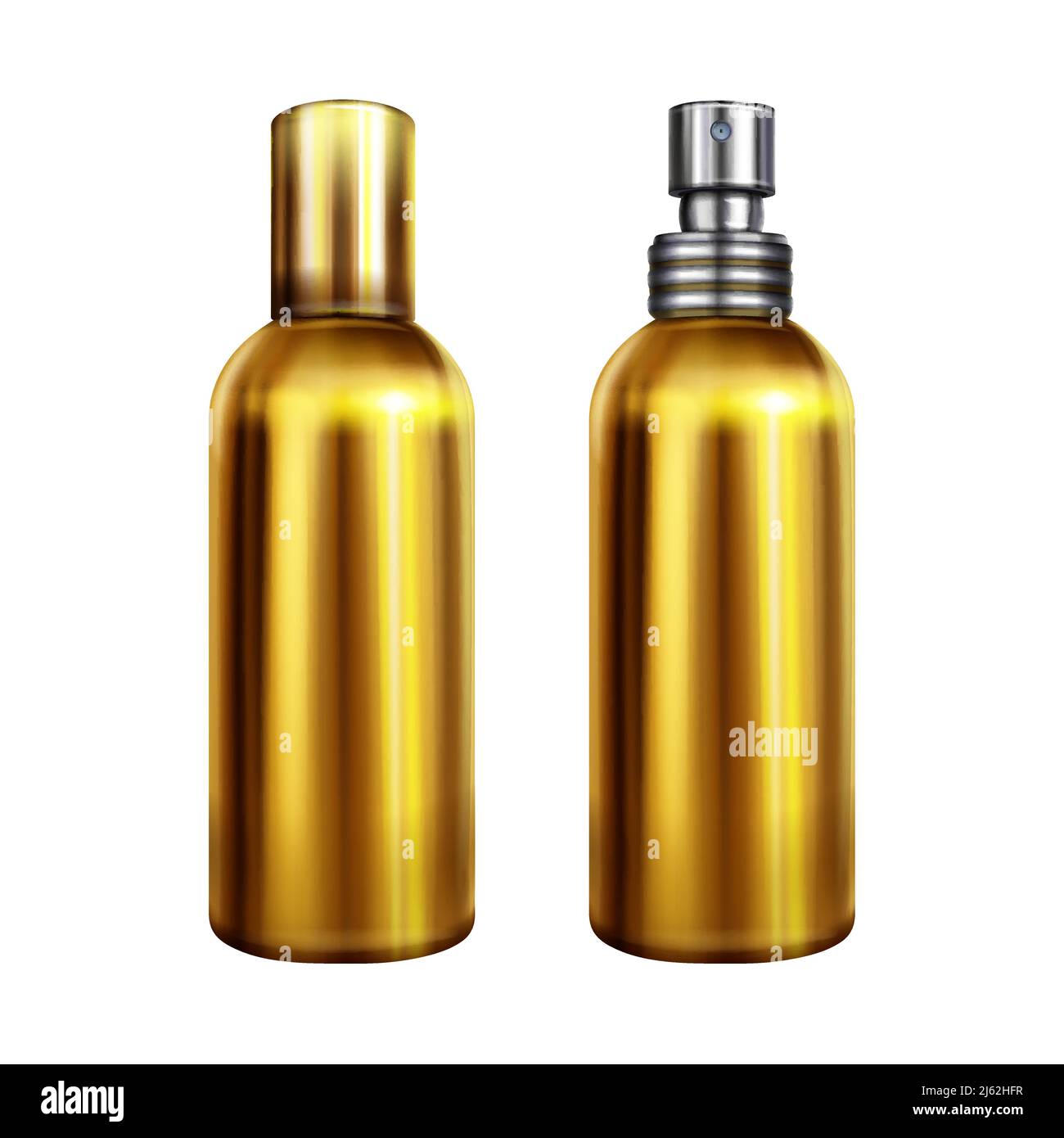 Profumo spray vettore illustrazione di metallo dorato bottiglia o contenitore con tappo spruzzatore argento chiuso e aperto. Modello 3D realistico isolato f Illustrazione Vettoriale