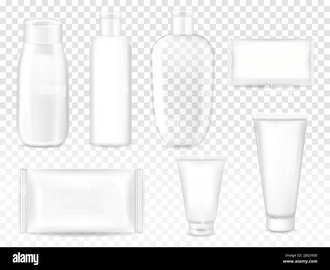 Confezioni cosmetiche illustrazione vettoriale di shampoo o bottiglia di plastica di lozione, tubo di crema facciale o sacchetto di carta di sapone e salviette bagnate. Isolato Illustrazione Vettoriale