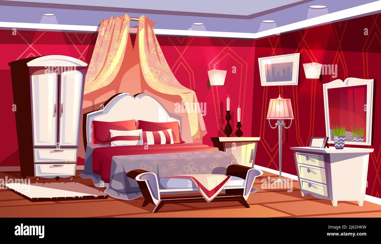 Vector Cartoon interno di ricca camera da letto con armadio, comodino.  Lussuoso soggiorno con letto matrimoniale, moquette e baldacchino. Sfondo  colorato di hous Immagine e Vettoriale - Alamy