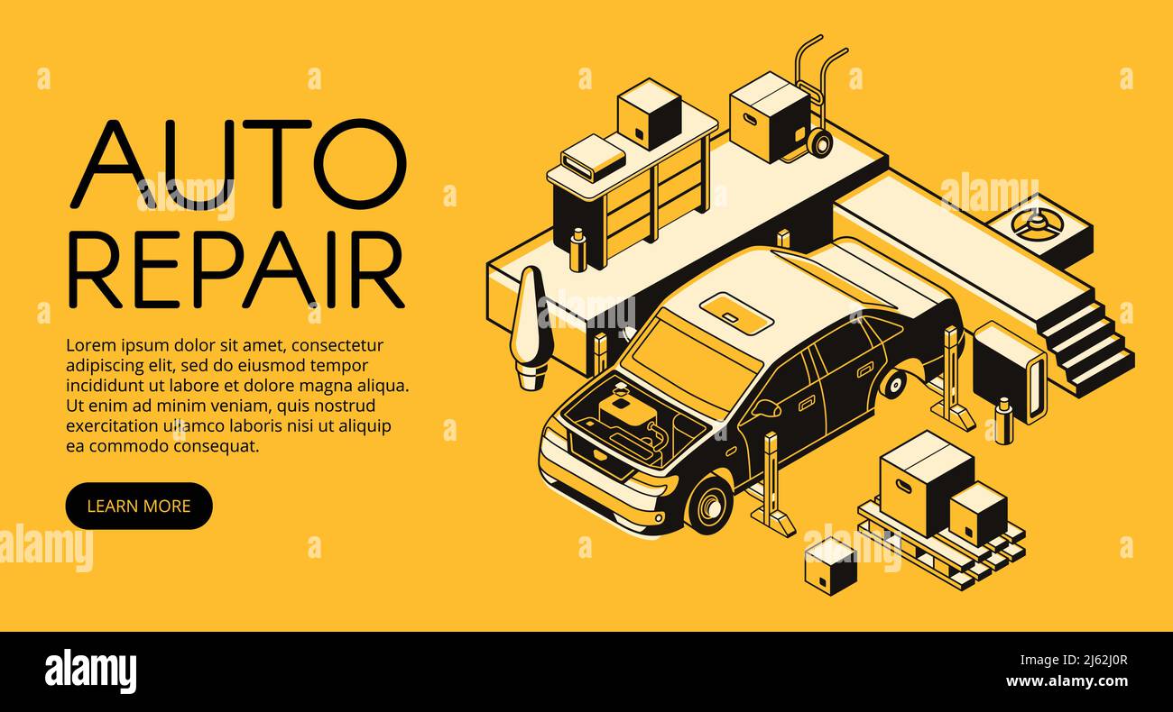 Illustrazione vettoriale della riparazione automatica del poster dell'annuncio di assistenza auto. Autollevatore per garage e attrezzi per la diagnostica meccanica del veicolo in bl isometrico Illustrazione Vettoriale