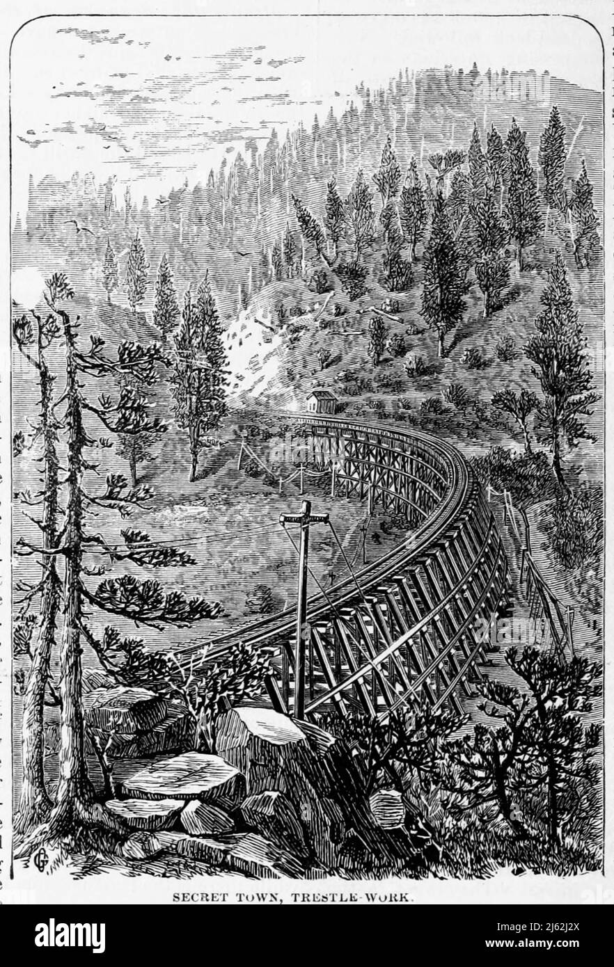 Secret Town Trestle lavoro dal libro il turista del Pacifico : Adams & Bishop's illustrato guida trans-continentale di viaggio, dall'Atlantico all'Oceano Pacifico : Contenente descrizioni complete delle rotte ferroviarie in tutto il continente, tutte le località turistiche e luoghi di maggior nota paesaggio in Estremo Ovest, anche di tutte le città, città, villaggi, fortezze degli Stati Uniti, sorgenti, Laghi, montagne, itinerari di viaggio estivo, le migliori località per la caccia, la pesca, lo sport, e il divertimento, con tutte le informazioni necessarie per il viaggiatore di piacere, minatore, colono, o uomo d'affari : una guida completa del viaggiatore dell'Unio Foto Stock