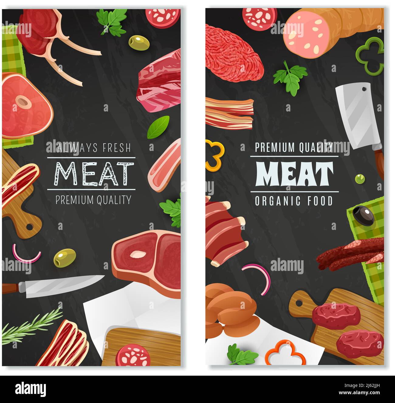 Cartoni verticali per cartoni animati per il mercato della carne con simboli alimentari isolati illustrazione vettoriale Illustrazione Vettoriale