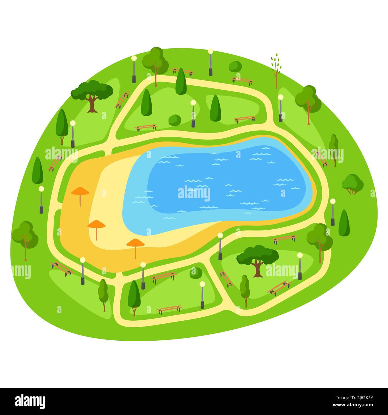 Illustrazione del bellissimo parco estivo o primaverile della città. Spazio pubblico urbano con lago, prato e alberi per passeggiate e relax. Illustrazione Vettoriale
