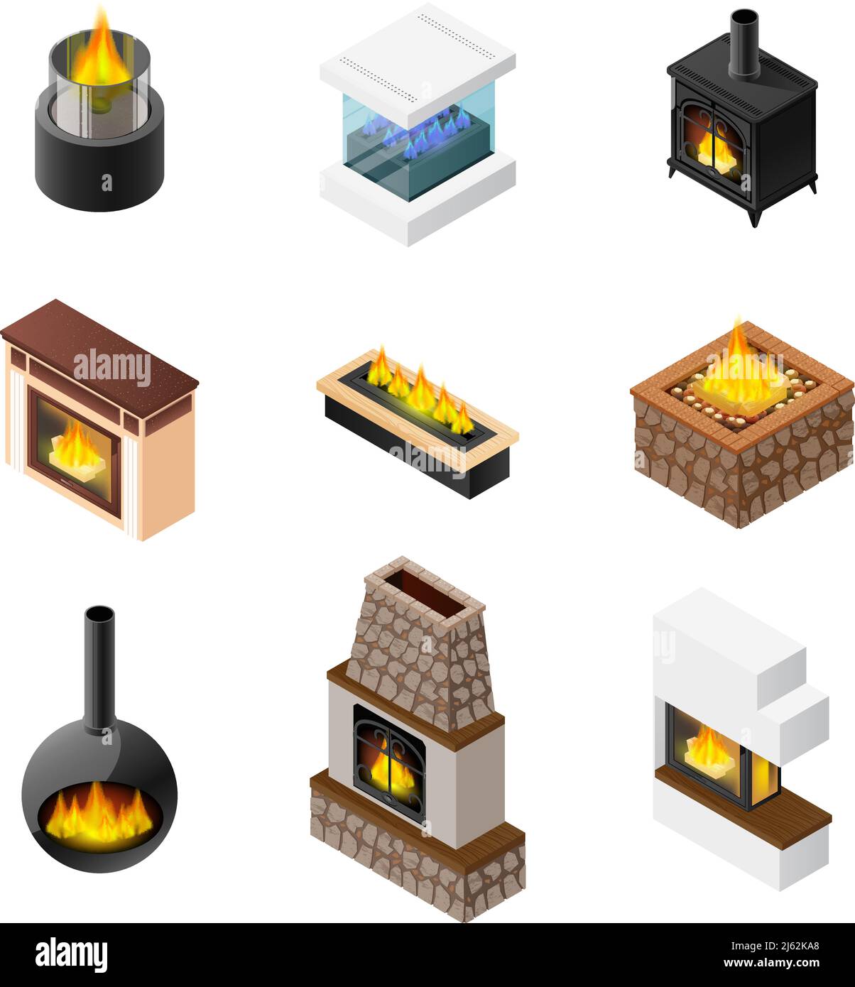 Nove progetti isolati di camino insieme di colori e forme differenti di camino di grata e illustrazione vettoriale di materiali di mantellano Illustrazione Vettoriale
