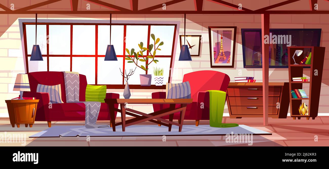 Loft sala interna mostra vettoriale. Moderno, accogliente e spazioso tetto garret di stile appartamenti ckloft con mobili, coperta su divano, sedia Illustrazione Vettoriale