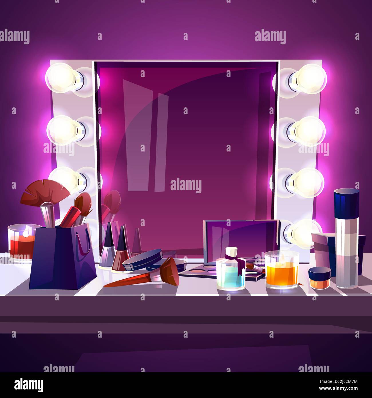 Specchio per trucco quadrato con lampada, cartoon vettoriale illustrazione moderna cornice in argento con illuminazione realistica per attore e moda di bellezza Illustrazione Vettoriale