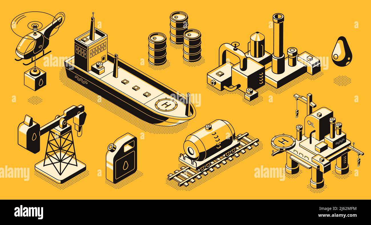 Estrazione e raffineria di petrolio, trasporto dell'industria petrolifera, arte della linea di oggetti ed edifici, insieme di vettori isometrici. Collezione di icone per la produzione di benzina Illustrazione Vettoriale