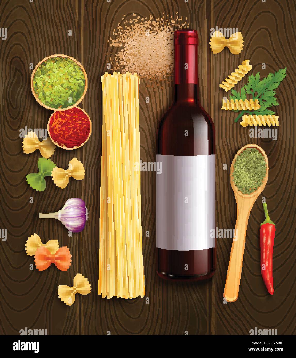 Piatti di pasta secca ingredienti con bottiglia di vino rosso cucchiaio di legno en salsa di peperoncino illustrazione realistica vettore poster Illustrazione Vettoriale