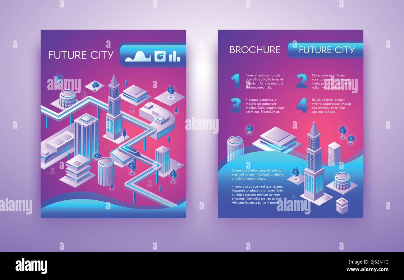 Brochure concettuale della futura città modello vettoriale isometrico in vivaci colori fluorescenti con treno metropolitano che passa tra edifici futuristici della città. CIT Illustrazione Vettoriale