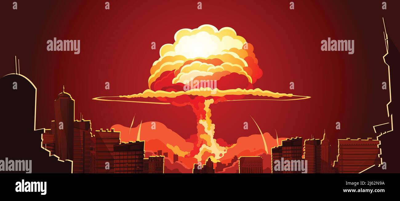 Esplosione nucleare tappo nuvola di funghi arancio brillante in città illustrazione vettoriale astratta del poster retrospettiva del centro Illustrazione Vettoriale
