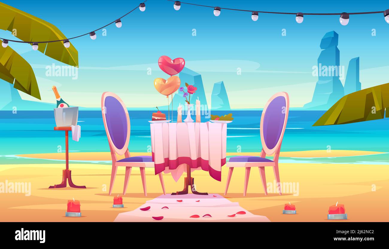 Tavolo sulla spiaggia per incontri romantici con candele, champagne in secchio, palloncini a forma di cuore e petali di fiori di rosa a caso sparsi sulla sabbia a exoti Illustrazione Vettoriale