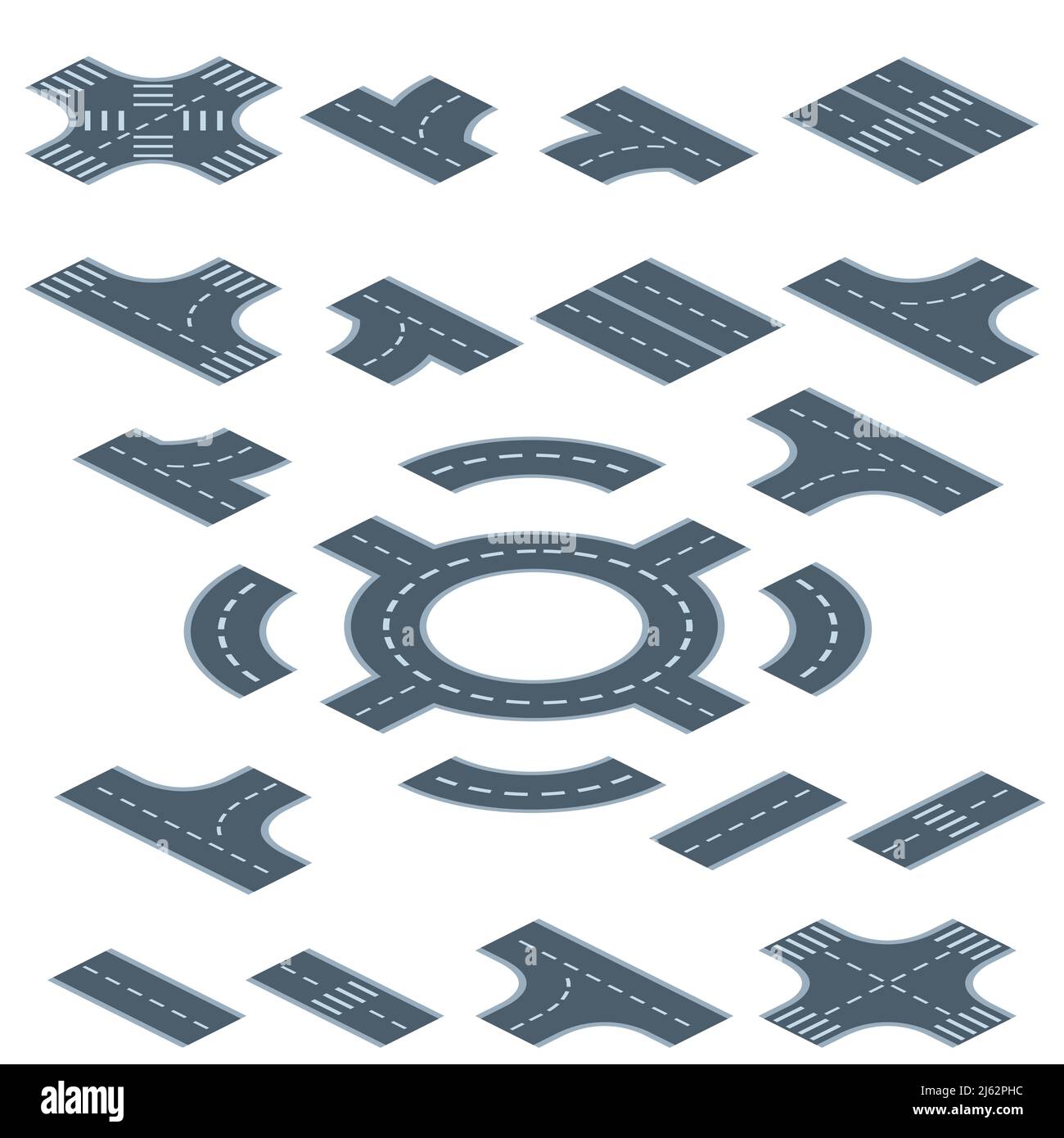 Illustrazione vettoriale isometrica del costruttore di segnaletica stradale. Strade e autostrade isolate con svolte, incroci o incroci e trasporti interni Illustrazione Vettoriale