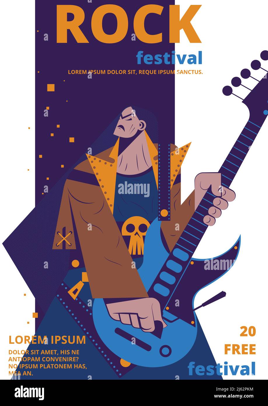 Rock musica festival poster illustrazione vettoriale. Batticalcagno concerto placard o biglietto d'ingresso cartoon flat design modello di uomo con chitarra elettrica e sk Illustrazione Vettoriale