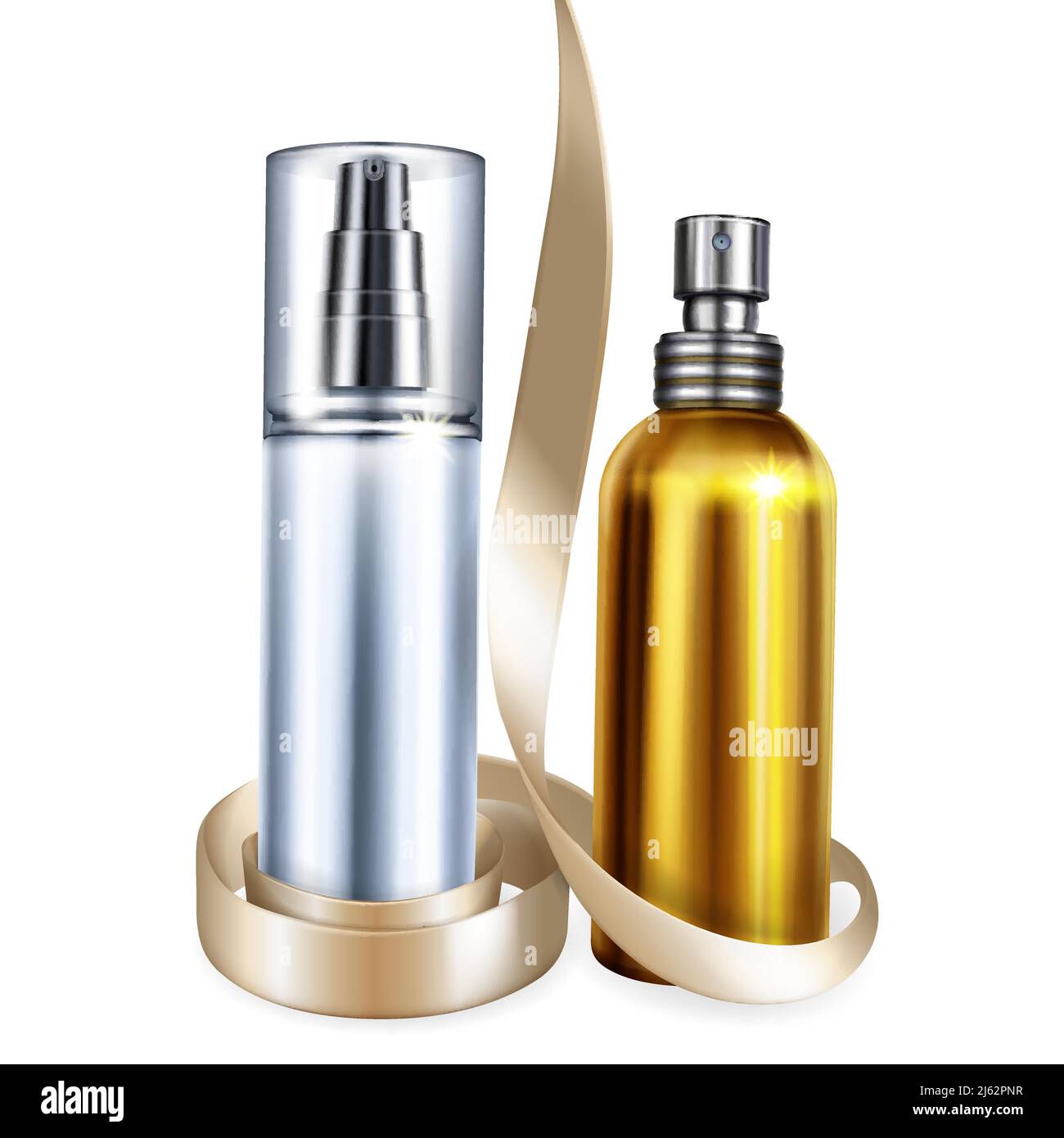 Bottiglie per profumi e cosmetici illustrazione vettoriale di mockup 3D realistici isolati per il design di marca premium con nastro regalo. Spruzzatore dorato metallico a Illustrazione Vettoriale