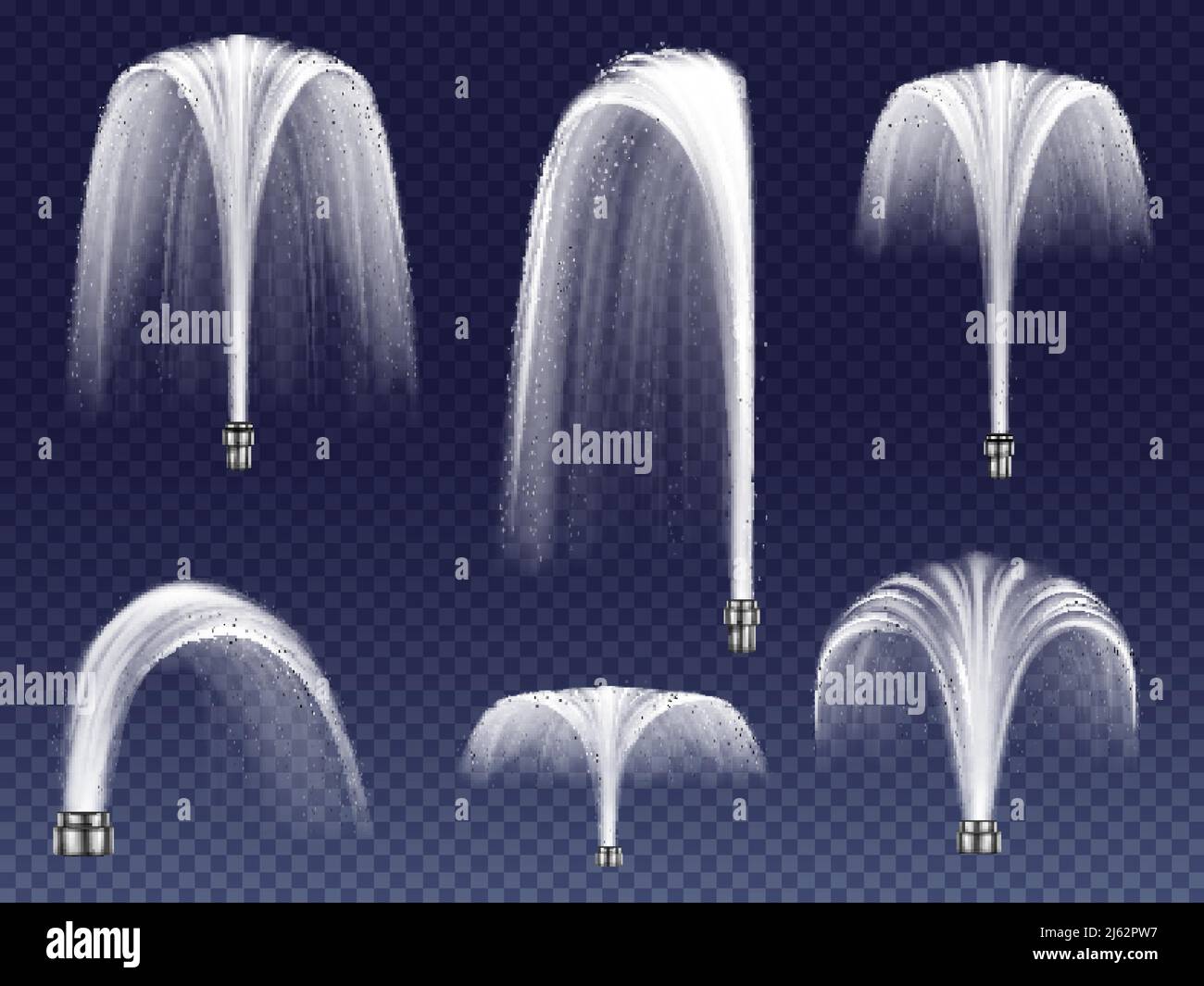 Imposta fontane vettoriali realistiche di varie forme. Geyser grandi e piccoli, getti d'acqua in caduta isolati su sfondo blu trasparente. Elementi di Illustrazione Vettoriale