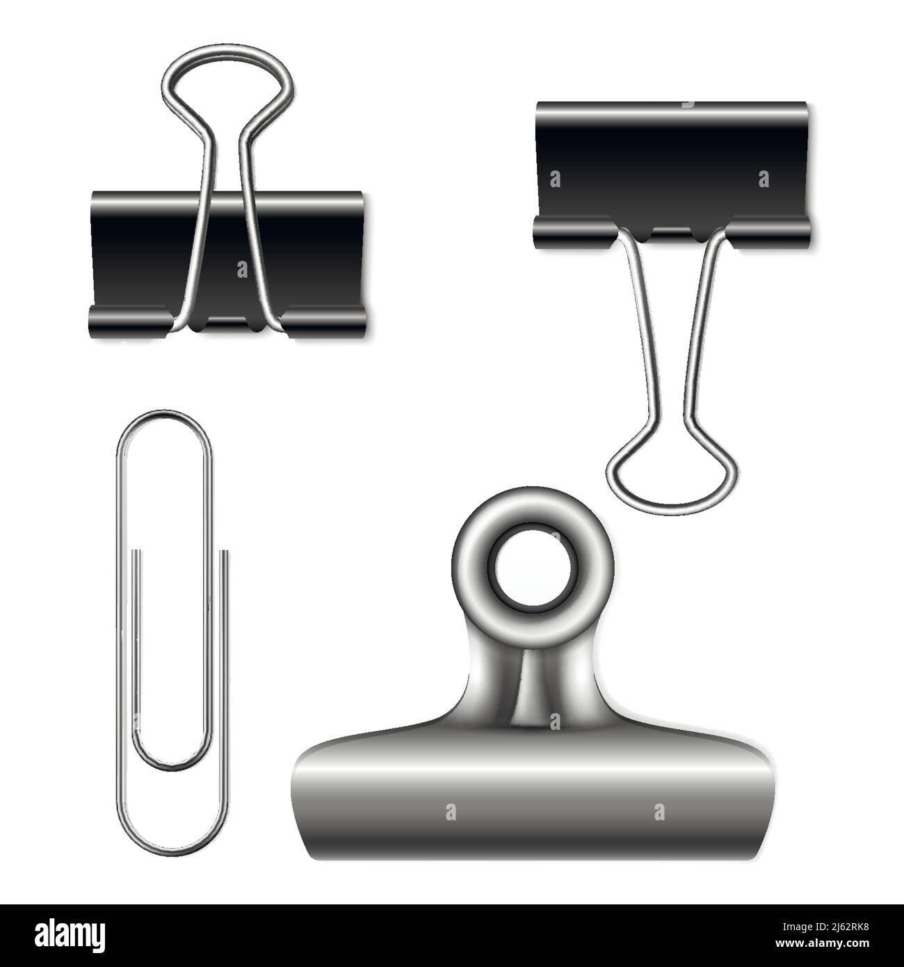 Binder clip illustrazione vettoriale di 3D realistico metallo foldover o ripiegamento clip di cancelleria ufficio per fogli di carta di appunti. Set isolato Illustrazione Vettoriale