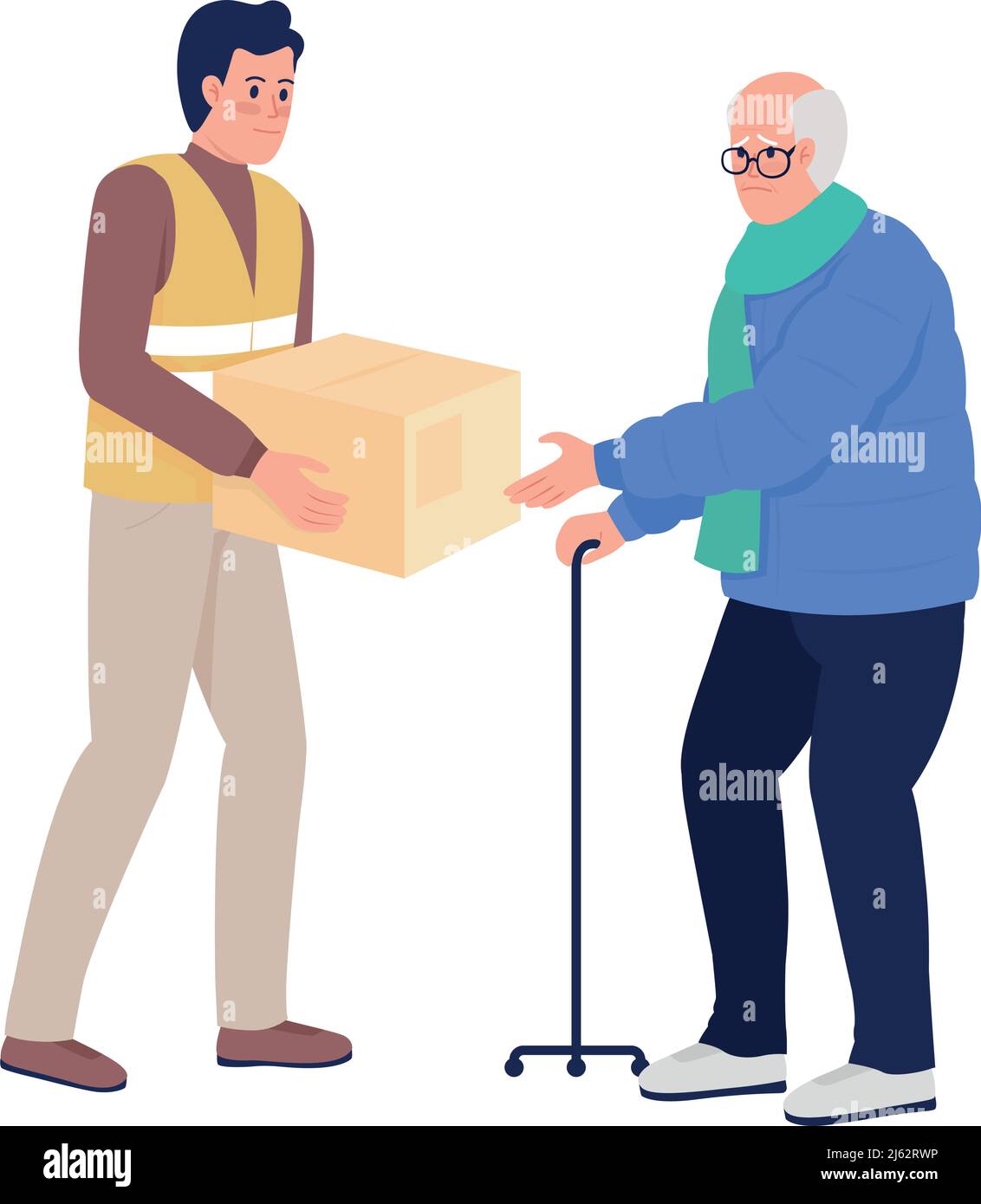 Vecchio uomo ottenere aiuto umanitario da volontari semi-flat colore vettore caratteri Illustrazione Vettoriale