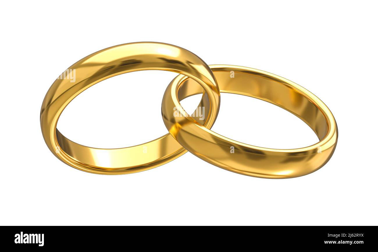 anelli di nozze dorati isolati su bianco. 3d rendering Foto Stock