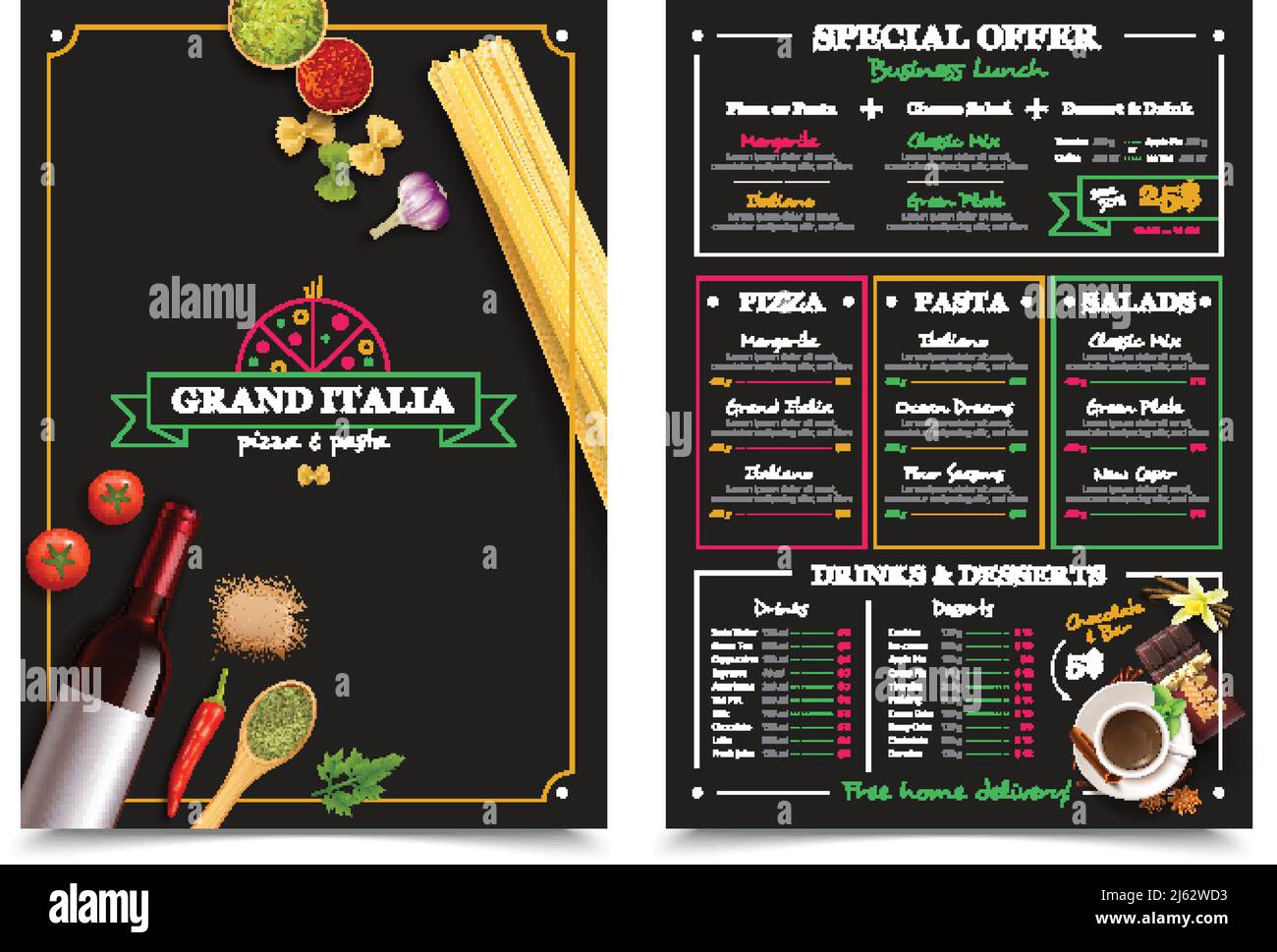 Menu ristorante italiano con offerta speciale per pranzi di lavoro elementi su sfondo nero immagine vettoriale isolata Illustrazione Vettoriale