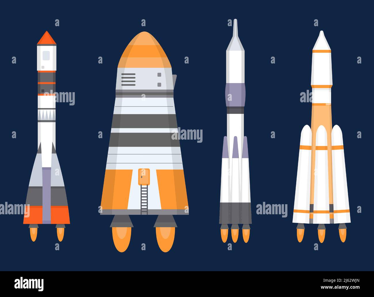 Set di razzi spaziali, nave per viaggi interplanetarie Illustrazione Vettoriale