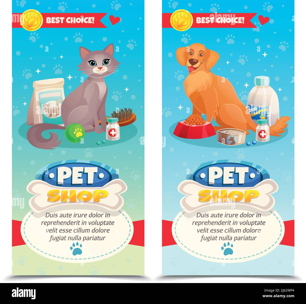 Negozio di animali banner verticali con gatto e cane, mangimi, giocattoli, medicine su sfondo blu isolato vettore illustrazione Illustrazione Vettoriale