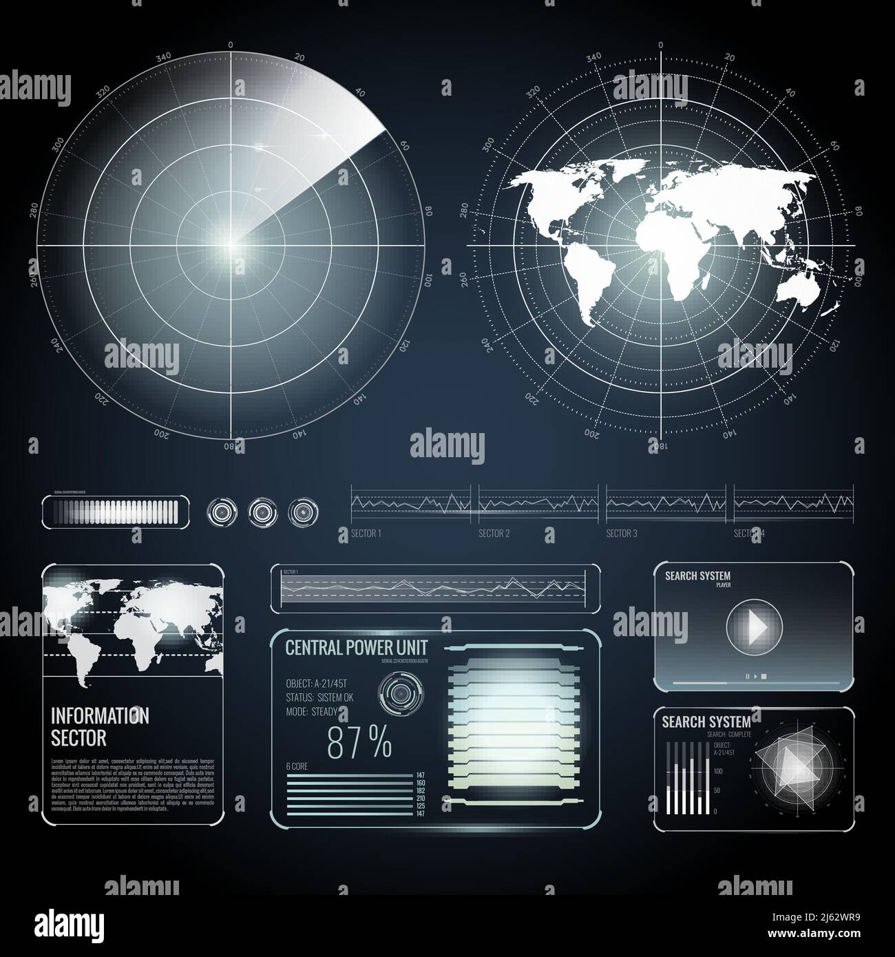 Insieme di elementi bianchi dello schermo del radar di ricerca compreso il mondo mappa su sfondo nero immagine vettoriale isolata Illustrazione Vettoriale