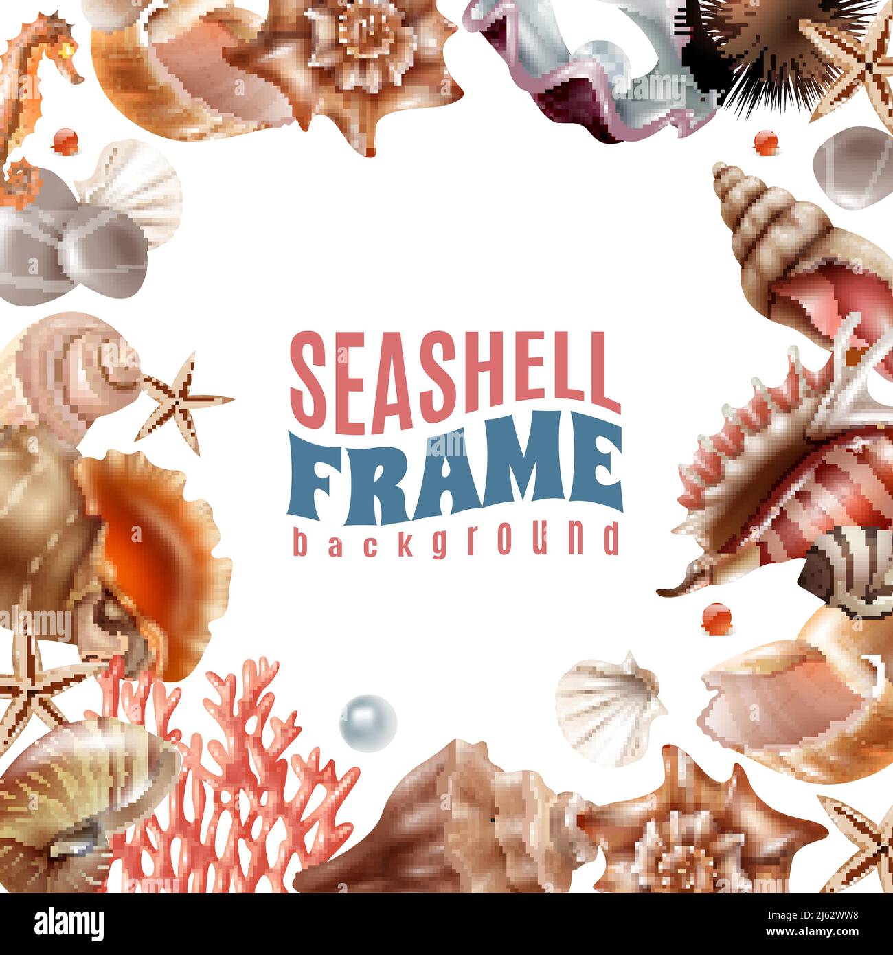 Cornice realistica decorata con conchiglie realistiche e animali marini illustrazione vettoriale di sfondo bianco Illustrazione Vettoriale