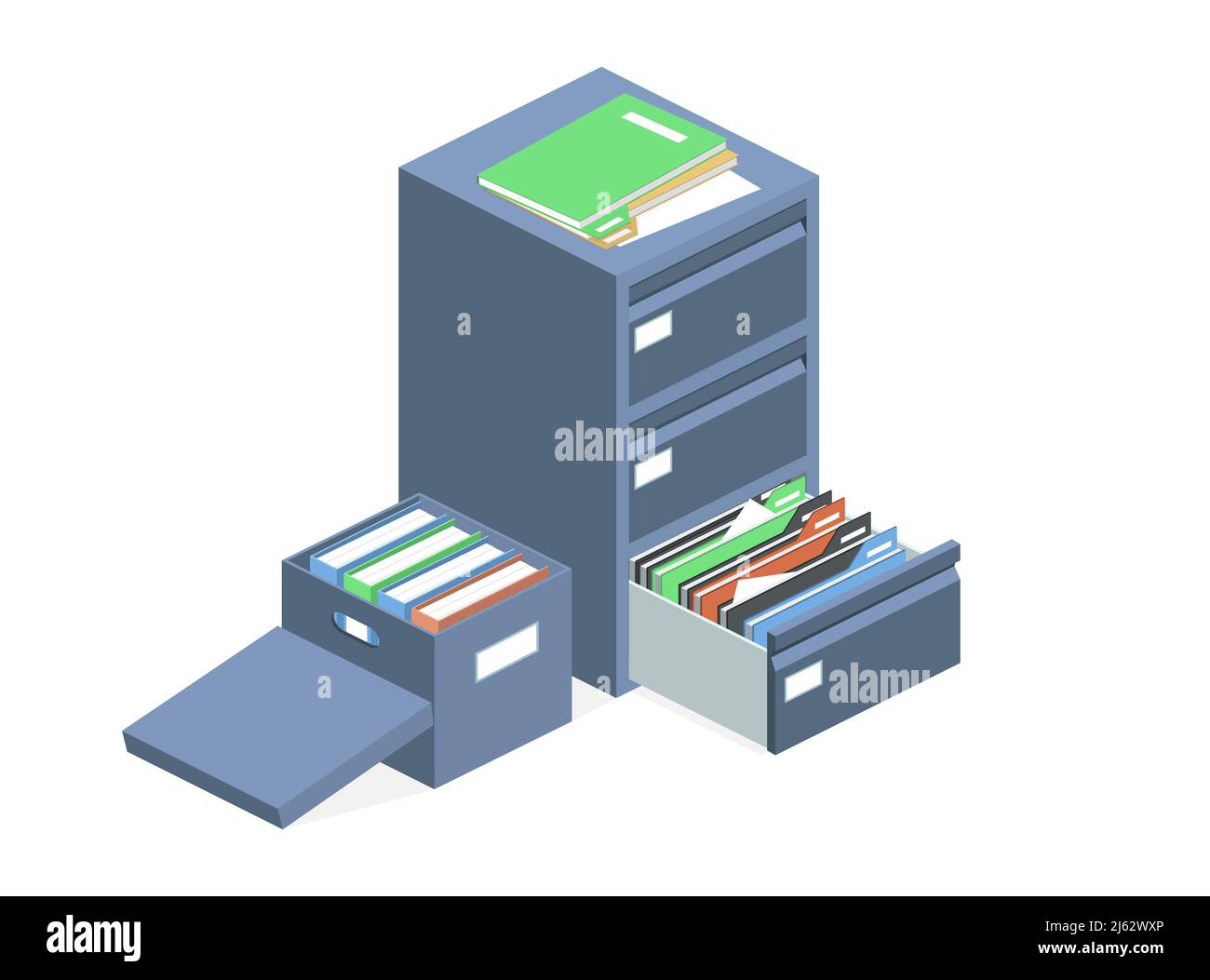 Illustrazione vettoriale del cabinet dei documenti e del box di archiviazione dei file. Contenitore isolato di cartone per la conservazione di cartelle isometriche e cabina in metallo Illustrazione Vettoriale
