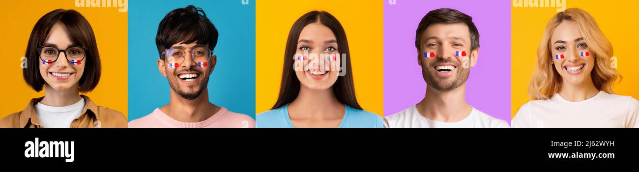 Set di ritratti di persone multietniche con bandiera della Francia Foto Stock