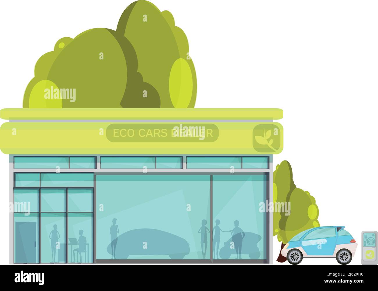 Flat design eco-friendly electro cars concessionario centro su bianco illustrazione vettoriale di sfondo Illustrazione Vettoriale