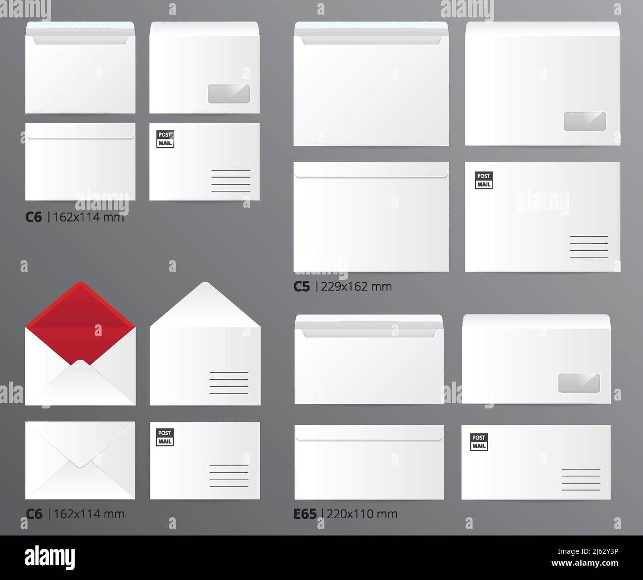 Set di modelli per ufficio su carta di buste per posta realistiche ordinate per formato lettera con didascalie di testo appropriate illustrazione vettoriale Illustrazione Vettoriale