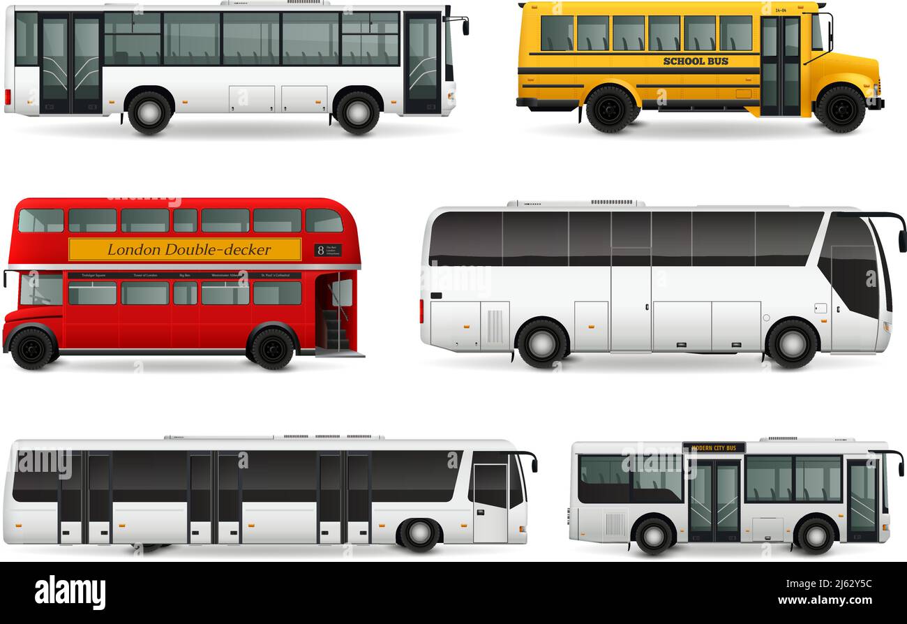Set realistico con bus scuola moderno urbano e trasporto turistico illustrazione vettoriale isolata del veicolo a due piani di londra Illustrazione Vettoriale