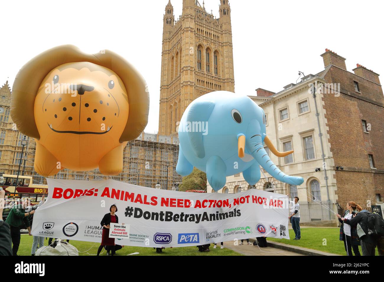 Londra, Regno Unito. 27th Apr 2022. Le organizzazioni di benessere degli animali si sono riunite al di fuori delle Camere del Parlamento battenti enormi palloncini di leoni ed elefanti come il governo è riferito per far cadere gli animali all'estero Bill. Le organizzazioni chiedono al governo di proteggere gli animali all'estero. Credit: Uwe Deffner/Alamy Live News Foto Stock