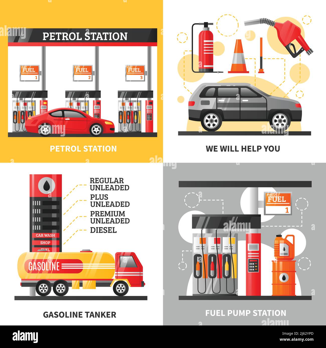 Impianto di benzina e benzina 2x2 con stazione di servizio illustrazione vettoriale piatta della stazione della pompa di alimentazione e della cisterna di benzina Illustrazione Vettoriale