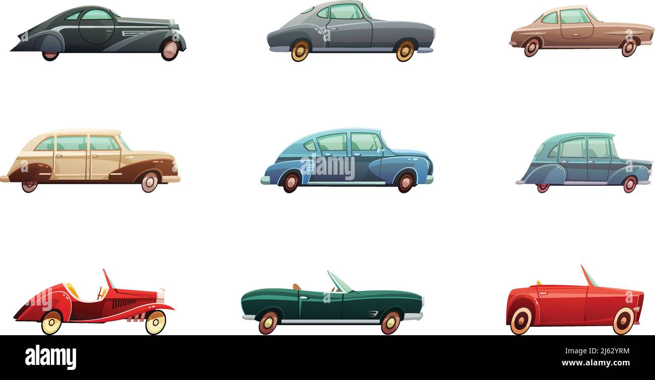 Serie di auto retrò sportive classiche e vista laterale convertibile modelli di metà del ventesimo secolo isolato vettore illustrazione Illustrazione Vettoriale
