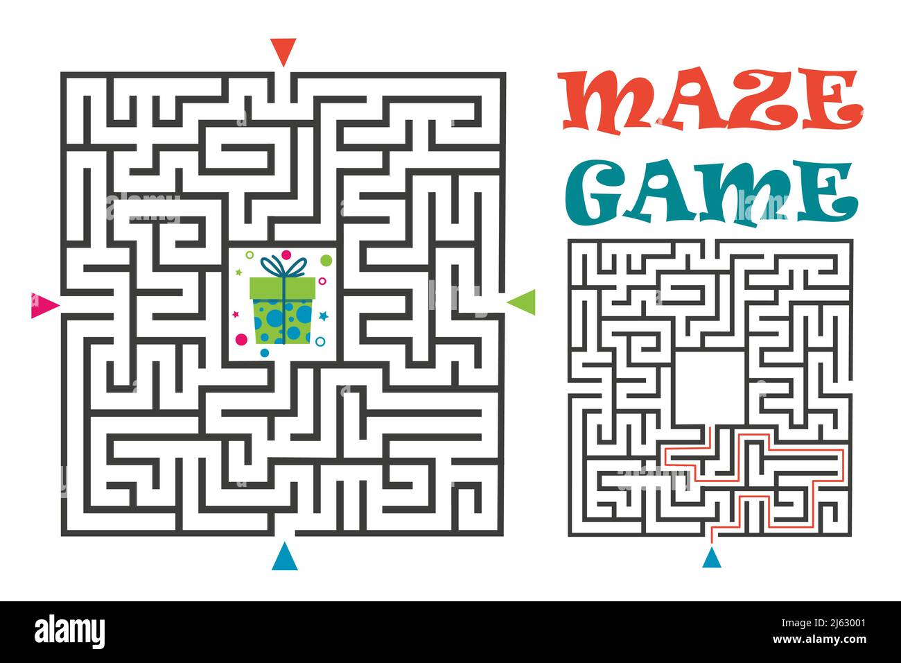 Labirinto quadrato gioco labirinto per bambini. Logica labirintica. Quattro ingressi e una strada a destra per andare. Immagine piatta vettoriale Illustrazione Vettoriale