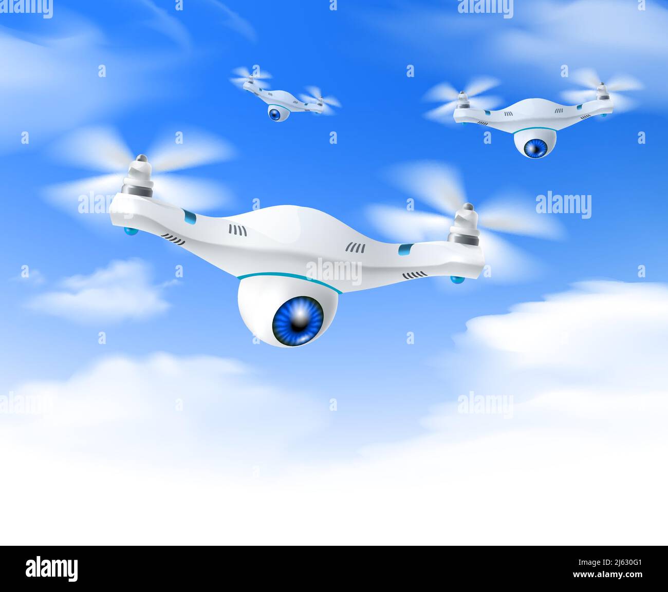 Droni bianchi e moderni di sorveglianza in volo contro il blu luminoso immagine vettoriale realistica del poster dello sfondo del cielo Illustrazione Vettoriale