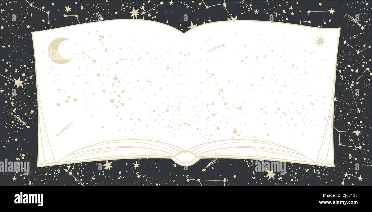 Un libro aperto con la luna contro un cielo nero con le stelle. Illustrazione vettoriale dell'universo con posto per testo per astrologia, tarocchi, oroscopo. Il mio Illustrazione Vettoriale