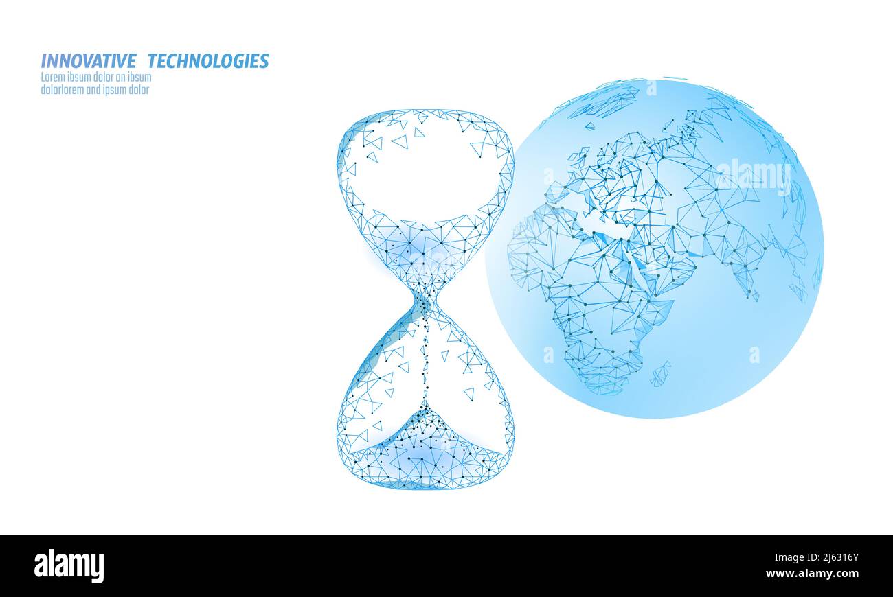 Concetto di clessidra dell'ora della Terra del mondo. Poligonale notte spazio stella blu scuro cielo basso poly lampada pianeta globo mappa eco salvare ecologia ambiente elettricità Illustrazione Vettoriale