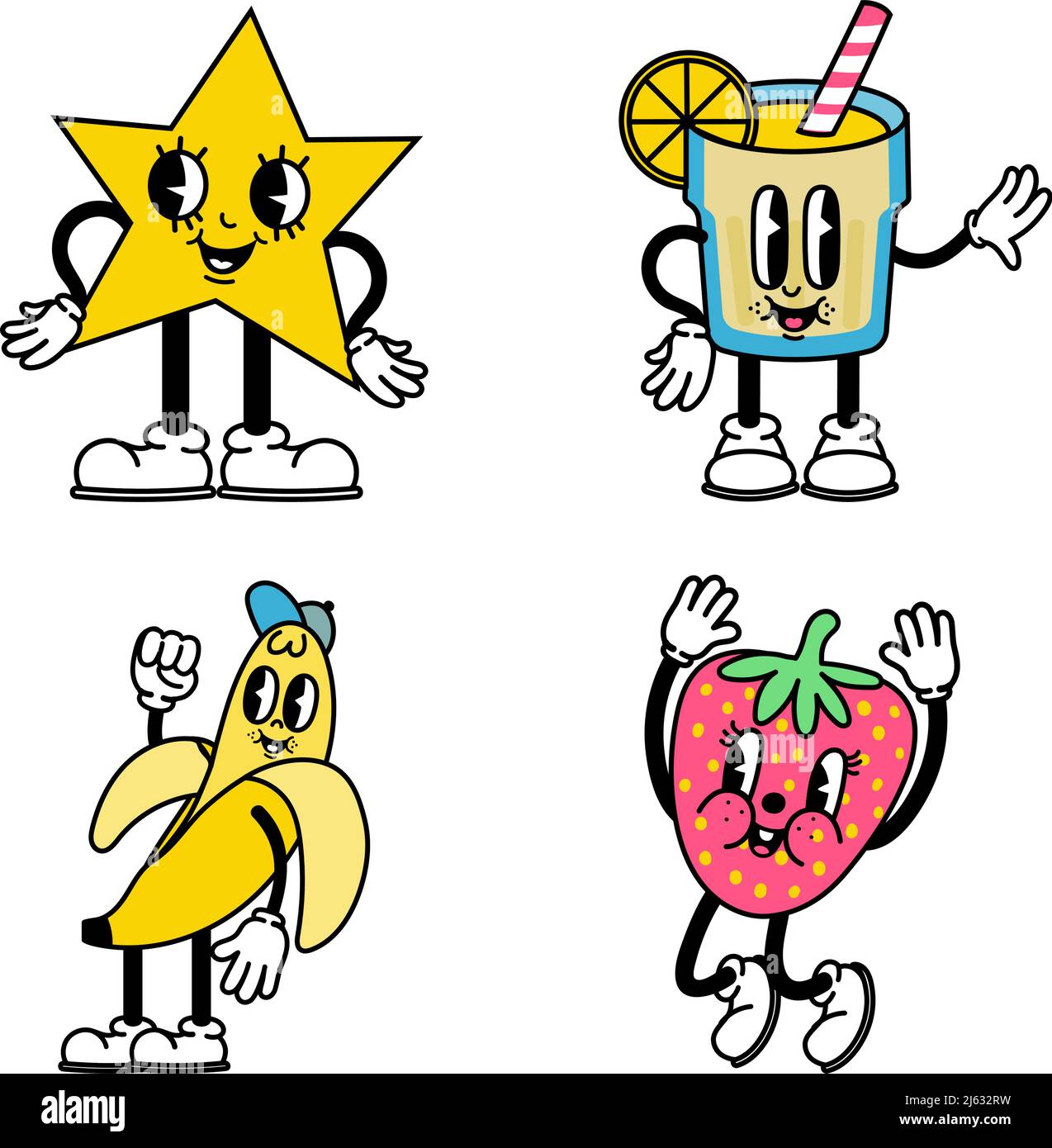 Trendy astratto cartoon personaggio fragola e banana Illustrazione Vettoriale