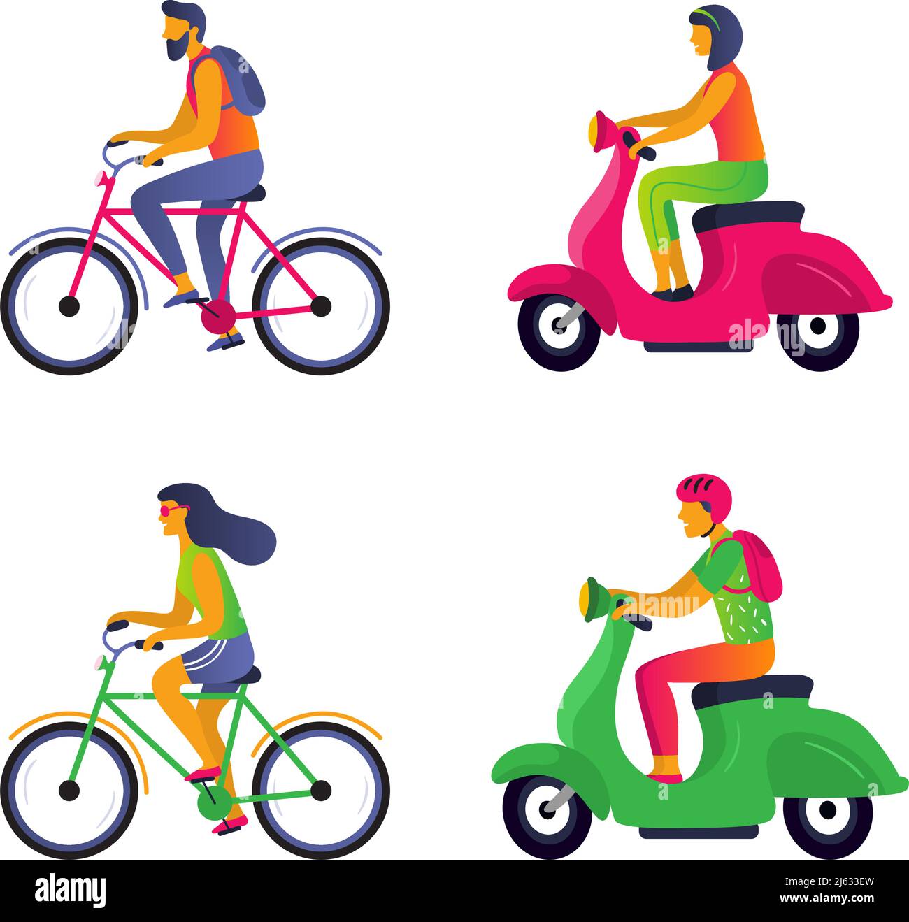 Persone in città di trasporto, bicicletta e moto Illustrazione Vettoriale