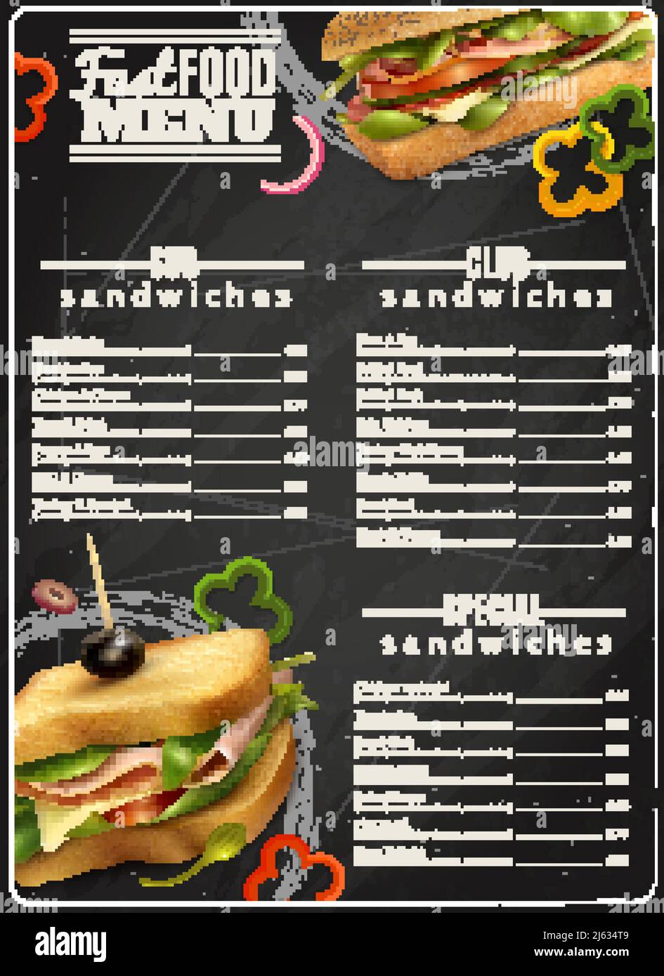 Fast food cafe salutari opzioni paninoteca integrale di grano multigrein menu immagine vettoriale stampa poster pubblicitario realistico Illustrazione Vettoriale