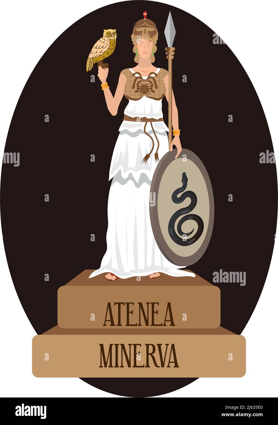 Vettore illustrativo isolato di divinità romane e greche, Athenea, Minerva Illustrazione Vettoriale