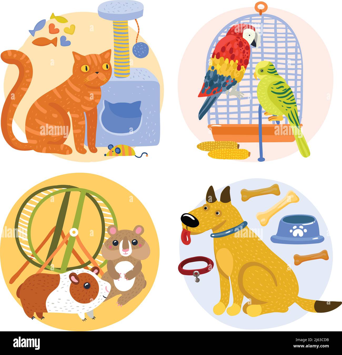 Concetto di disegno degli animali domestici compreso il gatto con giocattolo, pappagalli vicino alla gabbia degli uccelli, roditori, cane con ossa isolato illustrazione vettoriale Illustrazione Vettoriale
