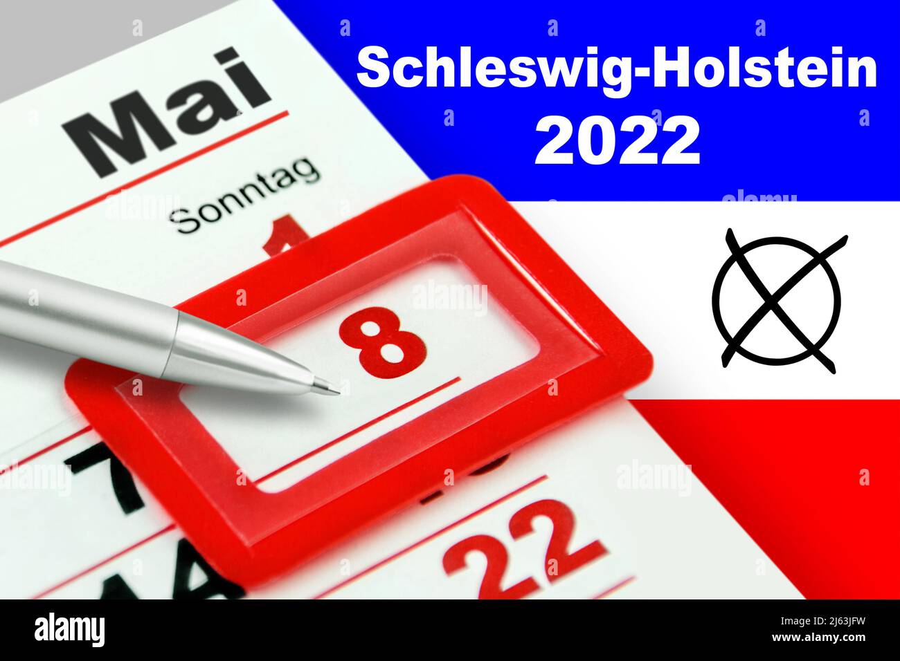 Elezioni regionali tedesche nello Schleswig-Holstein 2022 domenica 8 maggio con bandiera e calendario Foto Stock