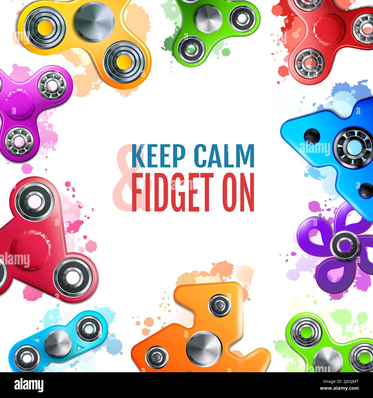 Montatura con giocattoli per spinner a mano di varie forme su bianco sfondo con schizzi colorati illustrazione vettoriale Illustrazione Vettoriale